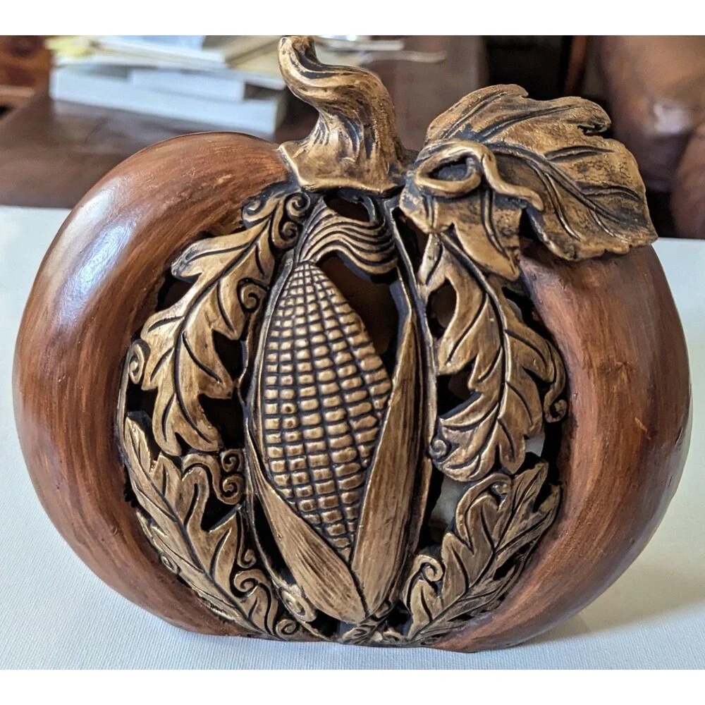 Wooden Pumpkin Fall Decor Rustic Brown Wood Corn Thanksgiving Table Mantel 7.25